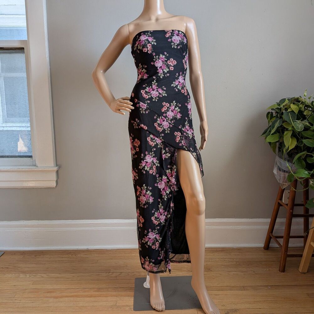Vintage Y2K Blue Blush Strapless Floral Mesh Maxi Dress Ruffle Fairycore Size S